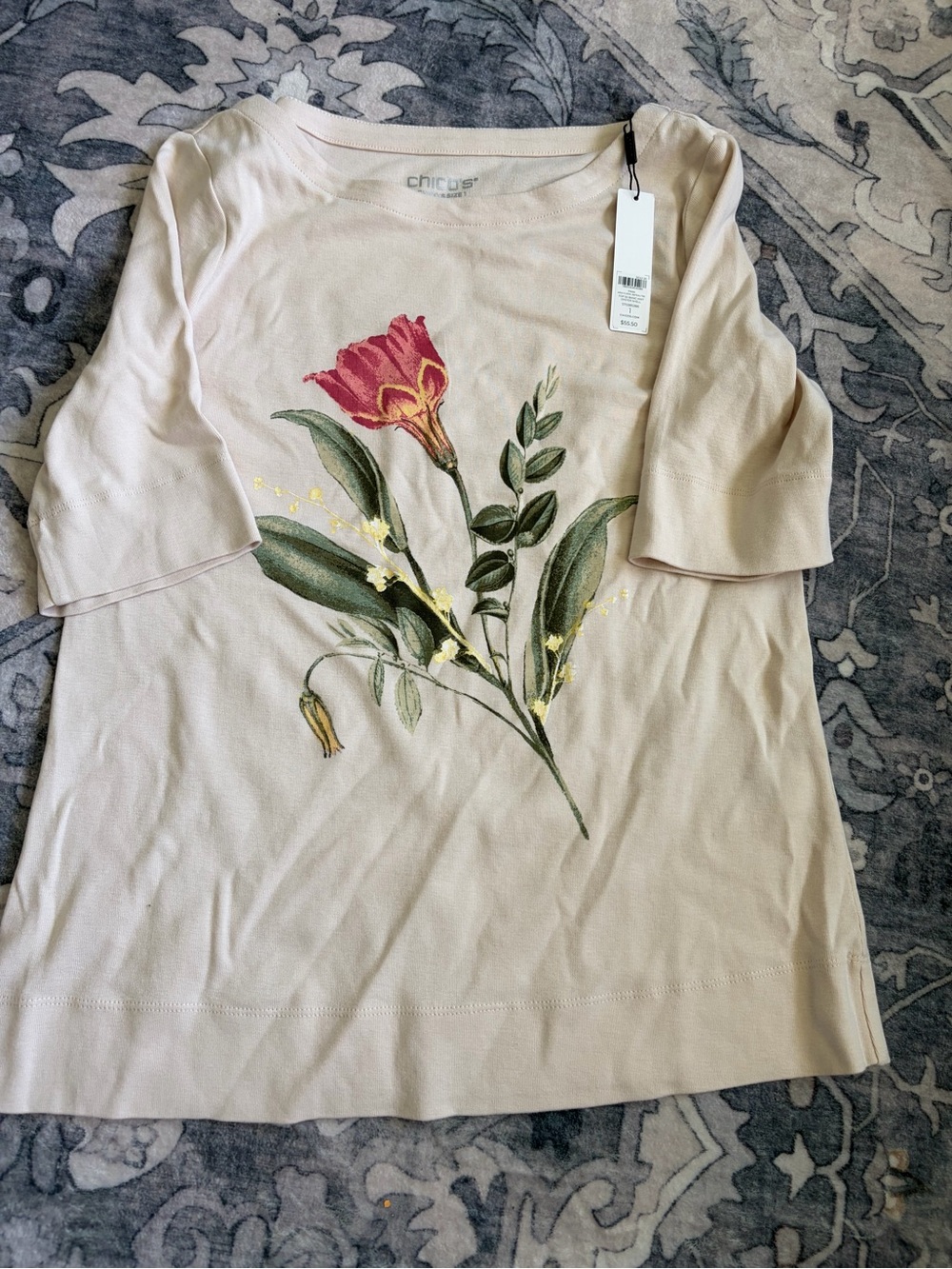 Chico's Blush Cream Short-Sleeve Tee with Floral Graphic